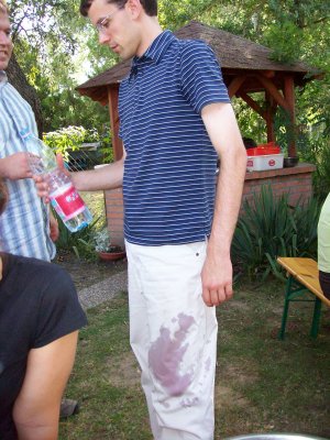 Buddy spills red wine on Jeff's only pants