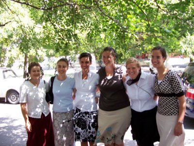The sisters get a picture together outside the Budapest church