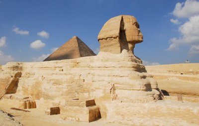 The Sphinx of Giza and Khufu's pyramid.