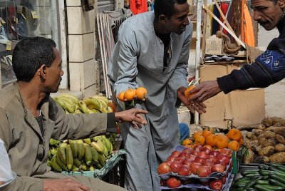 Bargaining ferociously for oranges in Aswan.