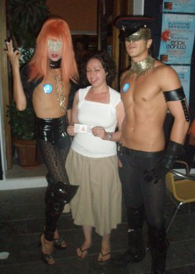 Debbie Posing with the Pacha Fetish Models ... and Our Tickets for Tonight (22/7)