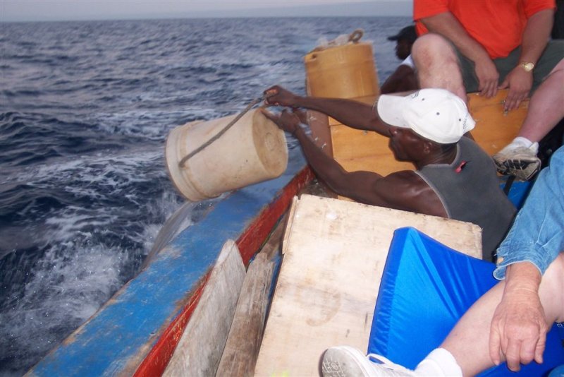 why are we bailing water from the bottom of the boat.........not good when your in the middle of the ocean