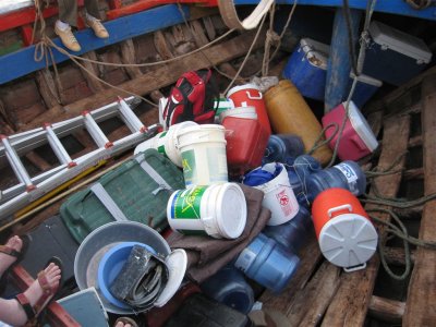 supplies in the bottom of the boat