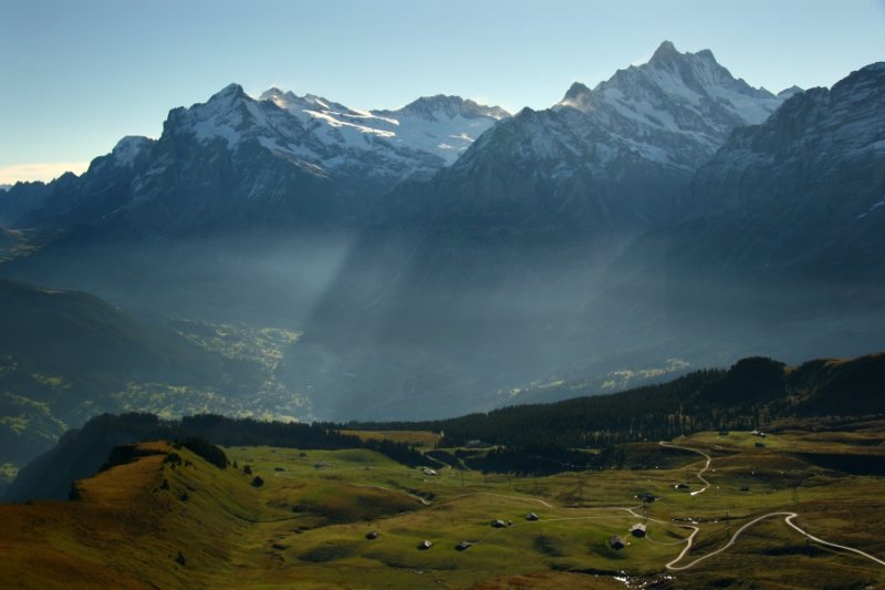 Morning sun burns off the Grindelwald Valley mist