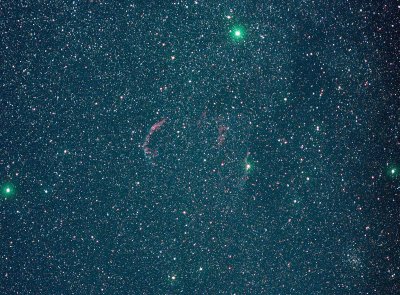 Veil or Cirrus Nebula (centre) and cluster NGC 6940 (bottom right)