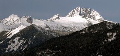 Mt. Bullen, unnamed bump, Salish Peak (dark rock wall), Peak 5903, and Whitehorse Mountain