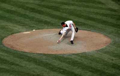 Chad Bradford pitching for the Baltimore Orioles