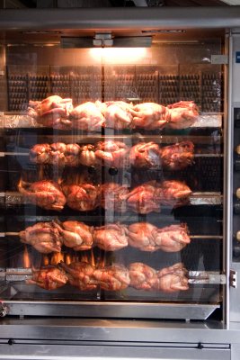 Chickens roasting outside a local butcher shop
