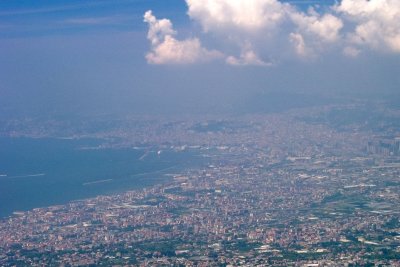 View of the Naples sprawl on a hazy day, as we take the bus up the side of Vesuvius