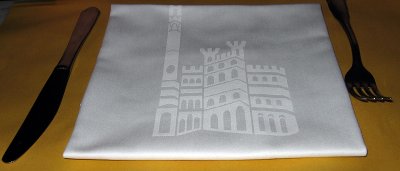 Piazza del Campo Mangia Tower on restaurant napkin