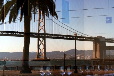 Restaurant window reflection, with wires