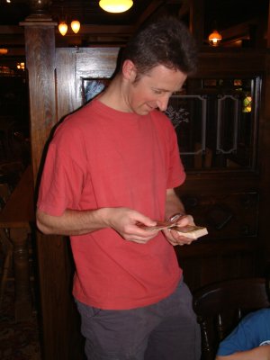 My brother Martin with his 40th pressie - crap cars Top Trumps cards