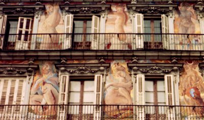 Paintings on the balcony walls at Plaza Mayor in Madrid