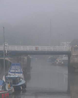 Sandwich in fog, looking at the bridge from our balcony