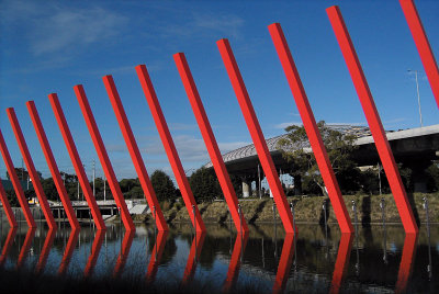 Leaning red pillars