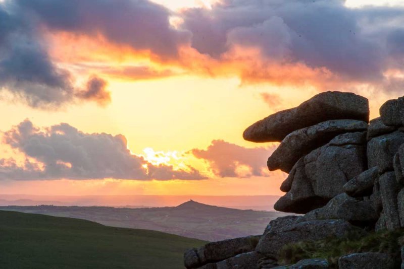 _MG_0046.jpg Sunset at Great Staple Tor with Brent Tor church in distance - Dartmoor -  A Santillo 2005