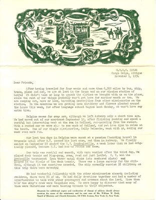 19541101 - Letter from Lodja (Congo) - Nov 1 1954