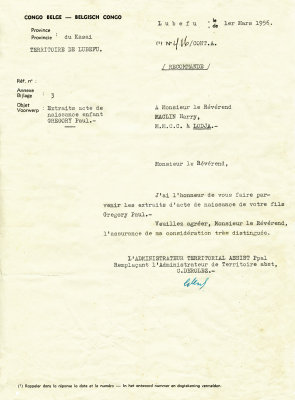 19560301 - Letter from Lubefu Assistant Administrator With Greg's Birth Certificate