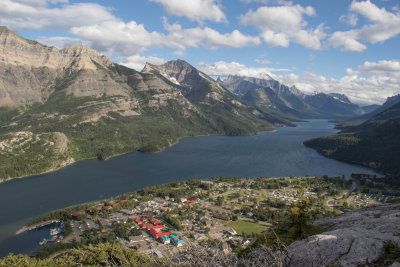 View of Waterton and Upper Waterton Lake from the Bear's Hump