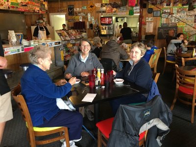 Enjoying huckleberry pie and ice cream at the Two Sisters restaurant