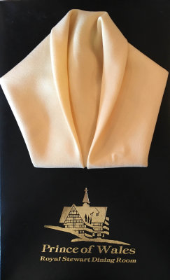 Prince of Wales Hotel dinner menu and folded napkin