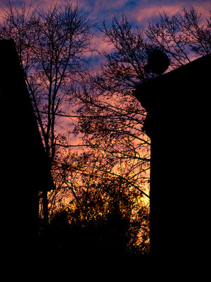 Sunset between the houses across the street. 