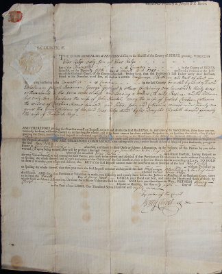 1789 Berks County, PA Orphan's Court Writ to Sheriff Jacob Bower Signed by Henry Christ