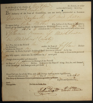 Middletown, Middlesex County, CT Justice of the Peace Summonses 1817 - 1821