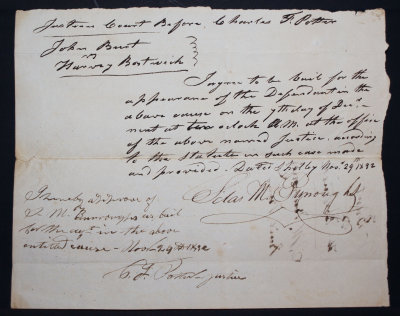 Appearance Bond signed by Silas M Burroughs and approved by Justice of the peace Charles Frederick Potter