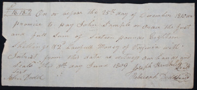 1809 Promissory Note signed by Joseph Hambish(?) Rebeccah Dodd, and witnessed by John Dodd