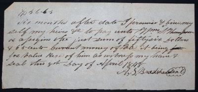 April 8, 1848 Promissory Note signed by A. S. Bradshaw