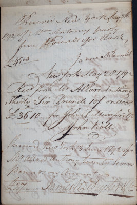 May 7, 1792 - James Bennet, May 28, 1792 - John Viall for John P. Mumford, & June 13, 1792 - James W. DePeyster & Co