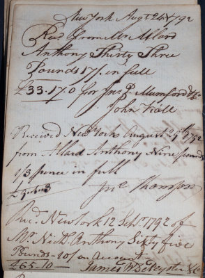 Aug. 24, 1792 - John Viall for John P. Mumford & Co, Aug. 29, 1792 - John Thompson, & Sept. 12, 1792 - James W. DePeyster & Co