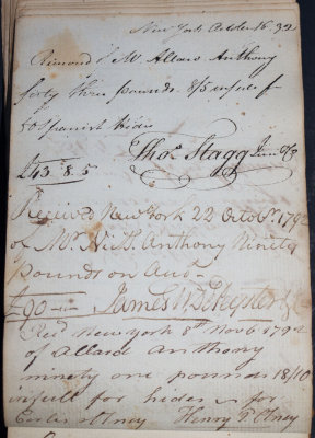 Oct. 16, 1792 - Thomas Stagg Junior & Co, Oct. 22 1792 - James W. DePeyster, & Nov. 8, 1792 - Henry P. Olney