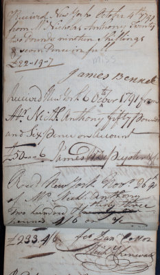 Oct. 4, 1791 - James Bennet, Oct. 6, 1791 - James W. DePeyster, & Nov. 26, 1791 - Mich Chenevard for Dan Cotton