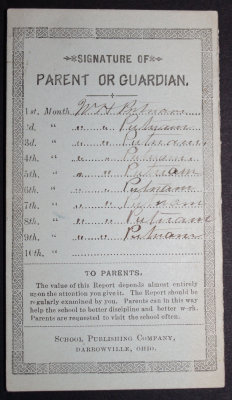 1892 Monthly School Progress Report (Report card)