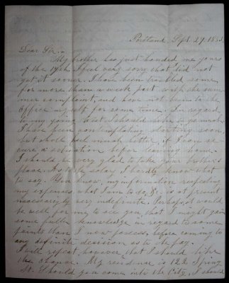 Letter - Portland Maine - Sept 29, 1853 - Joseph Walker to Unknown 
