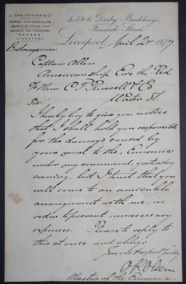1877 Maritime Letter to Captain Zaccheus Allen, Master of the Eric the Red
