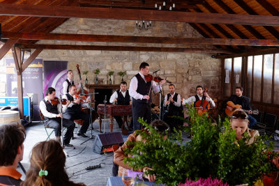 A band in a large barn