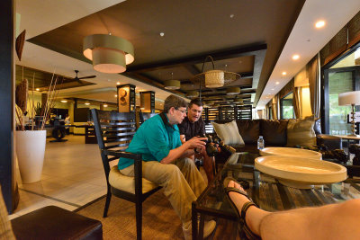 Reviewing camera settings at the Mt. Meru Hotel
