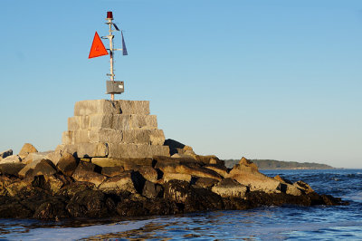 Beacon on breakwater at Little Harbor entrance.