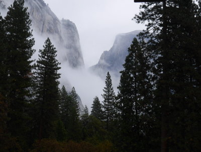 Half dome from room 423 with rain and fog
