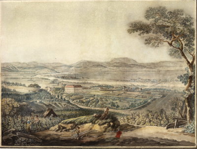 Blick ber Schloss Frohsdorf nach Lanzenkirchen, Bad Erlach bis zu  Schneeberg, Rax, 1785