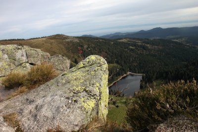 Vue plongeante sur le lac des Truites du haut des chaumes vosgiennes - Bird's eye view of the lake of trouts