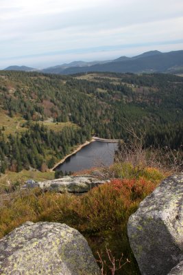 Vue plongeante sur le lac des Truites du haut des chaumes vosgiennes - Bird's eye view of the lake of trouts