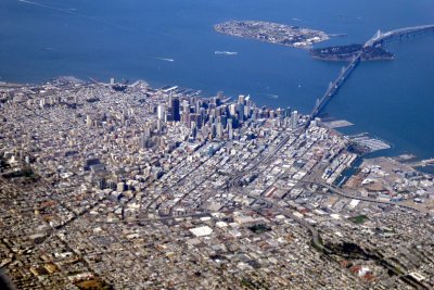An aerian view from the Down Town, the Bay Bridge and Tresor Island 