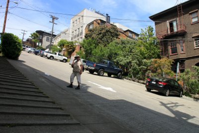 Christian hiking the steepest Filbert Street maximum gradient of 31,5 %