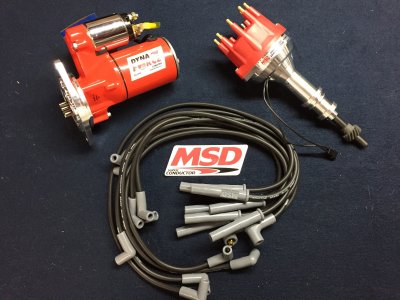 MSD high torque starter, pro billet distributor, and 8.5mm super conductor plug wires 