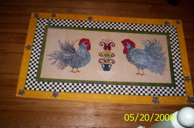 Roosters, Hand painted canvas floorcloth.JPG