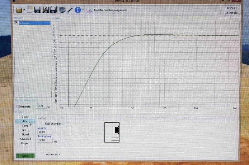 projet 3 voies ; simulation 80 litres accord 32 hz , event 11 cm diametre, longueur 26.7 accord 644 hz surface 95 cm2